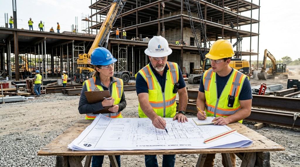 Construction team reviewing blueprints at project site