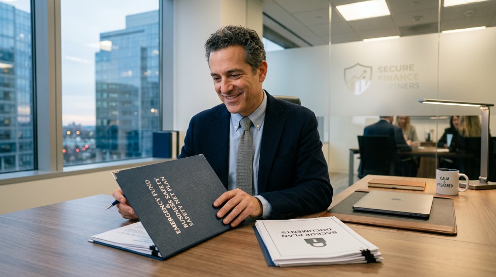 Business professional reviewing emergency fund and safety net plan