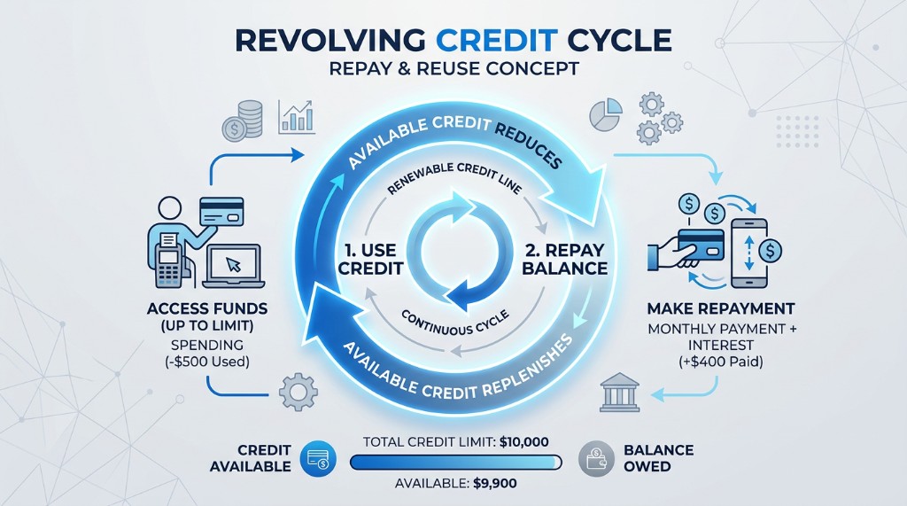 Revolving credit cycle - repay and reuse concept
