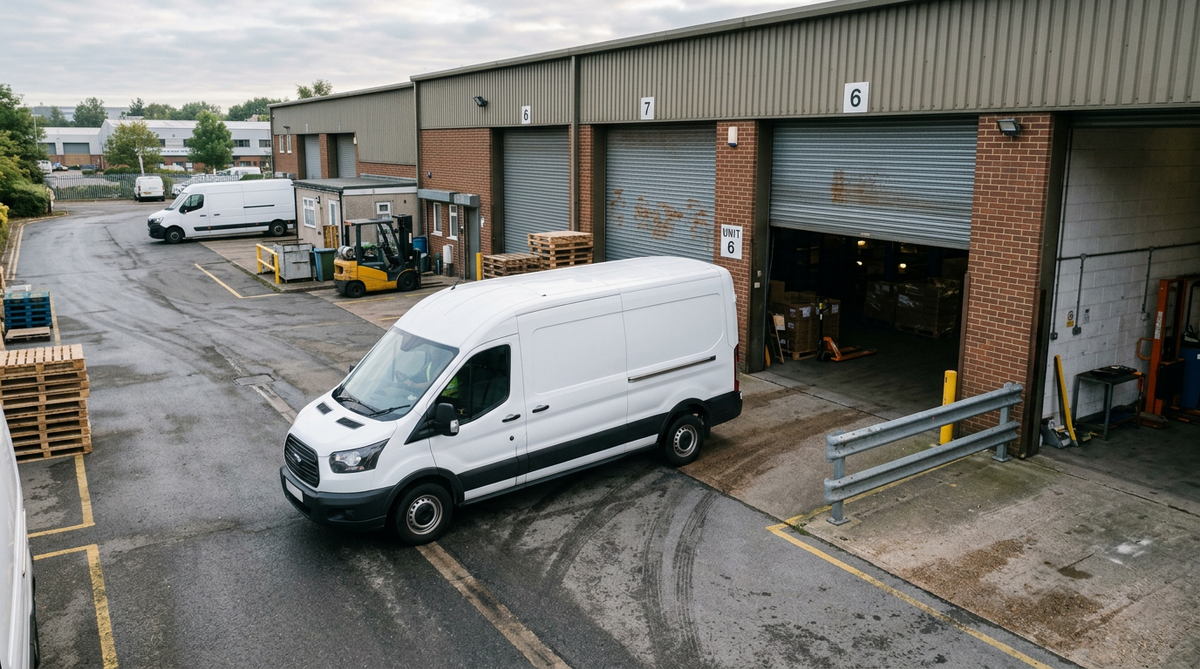 White cargo van at loading dock for delivery financing