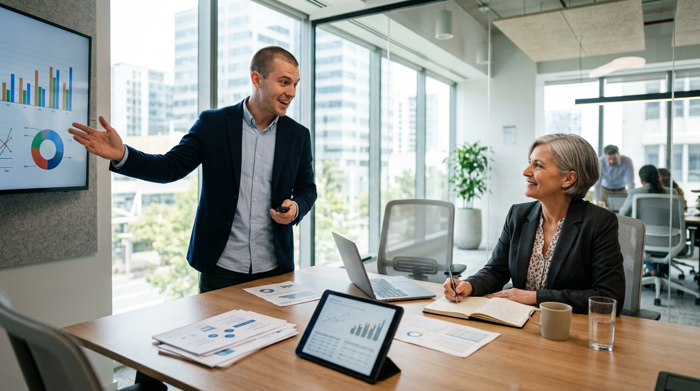Founder reviewing startup funding plan with an advisor