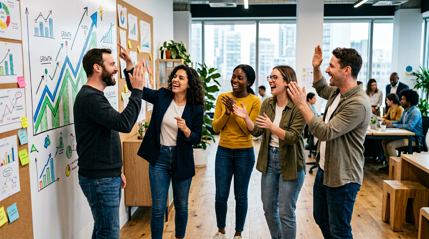 Startup team planning growth after securing financing